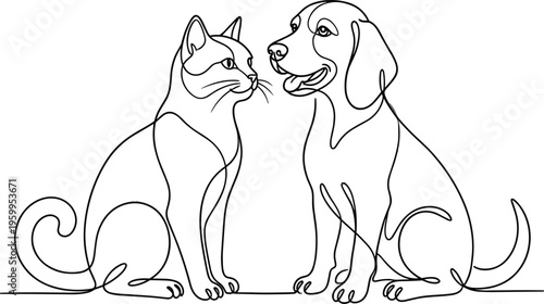 Minimalist one line art drawing of a cat and dog sitting together facing each other for pet care and friendship