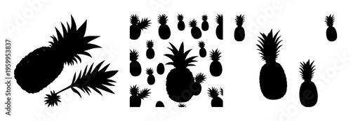 Pineapple set with minimalist tropical silhouette and bold line art featuring pineapple, tropical leaves, fruit illustration with vector graphics and design