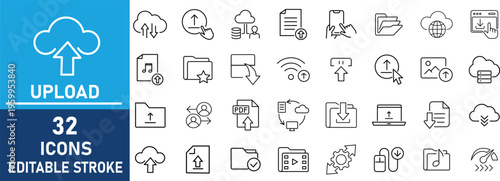 Upload icons set.constain to related icons upload, transfer, cyberspace, download, file, and more. edetable stroke.