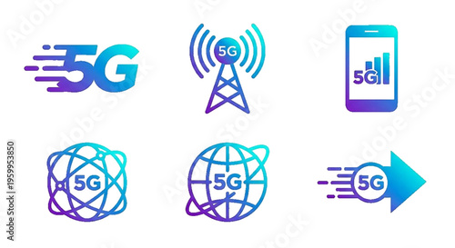 Collection of 5G wireless technology icons and symbols representing connectivity, speed, and modern communication networks