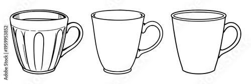 Cup set with simple line art design featuring coffee mug, beverage vessel, ceramic item with outline and minimalist aesthetic