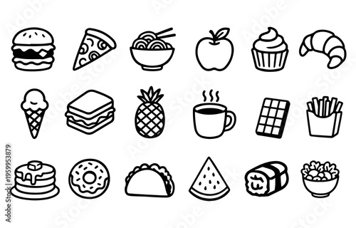 Hand Drawn Food Doodle Set Vector, Burger, Pizza, Sushi, Desserts, Fruits and Snacks Icons, Cute Meal and Drink Sketches, Clipart Collection, Culinary and Restaurant Elements Pack