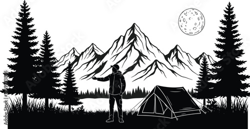 Mountain Camping Illustration featuring Man Standing by Tent under Full Moon with Pine Trees and Peaks for Outdoor Adventure Design