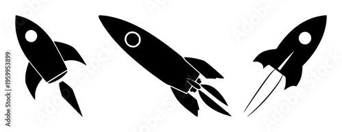 Minimalist vector icon of a black rocket ship launching upward at a diagonal angle on a solid white background. The silhouette features a circular porthole and three stylized engine blast lines, cr...