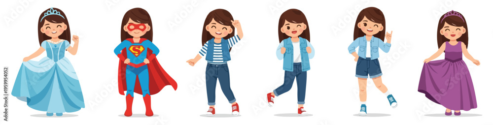 Obraz premium Collection of young girls in various fashionable outfits and accessories, perfect for fashion, style, and clothing themes
