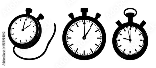 Stopwatch set with bold silhouette illustration featuring timer, chronometer, measurement with monochrome and iconography