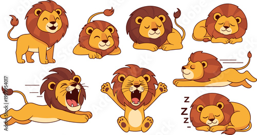 Cute cartoon lion character set with different poses sleeping roaring jumping playful expressions vector illustration for kids design