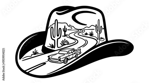 Minimalist Cowboy Hat with Desert Highway and Vintage Car Line Art, Monochrome Vector Illustration of Road Trip Americana
