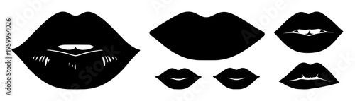 Lips silhouette set with bold contour outlines and minimal shading featuring lips, beauty, fashion with illustration and vector