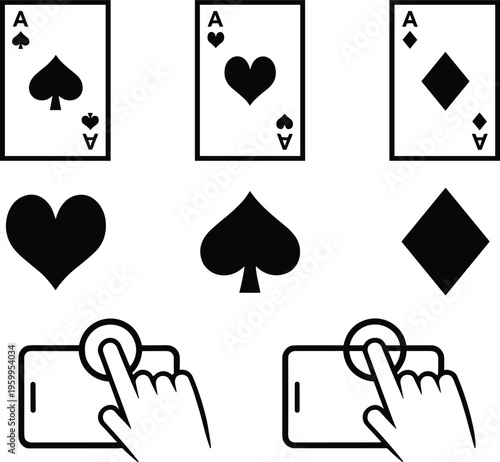 Online mobile gambling illustration with ace cards playing cards icons heart spade diamond symbols and finger touching smartphone screen digital gaming