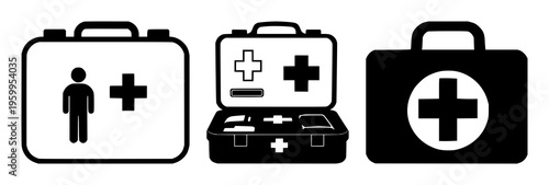 First aid kit medical silhouette set with flat black outline design featuring emergency, health, safety with medical and kit