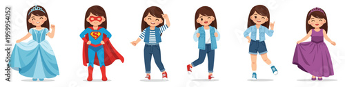 Collection of young girls in various fashionable outfits and accessories, perfect for fashion, style, and clothing themes