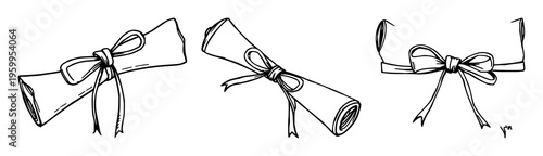 Scroll set with antique parchment tied with ribbon, showing curling edges and ribbon loops, featuring scroll, ribbon, parchment with ribbon loops and embellishment