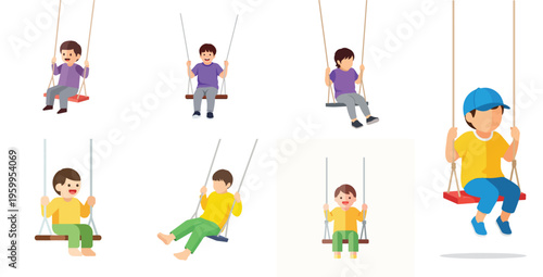 Children joyfully swinging on playground equipment, capturing moments of childhood fun and outdoor recreation