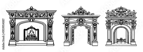 Fireplace mantel set with ornate Victorian line art and decorative flourishes featuring engraving, architectural detail, classic design with line illustration and white background