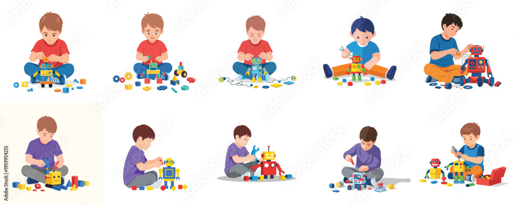 Fototapeta premium Children playing with colorful blocks and toys, illustrating early childhood development and creative learning through play