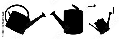 Watering can silhouette set with monochrome outline design featuring gardening, agriculture, irrigation with botany and horticulture