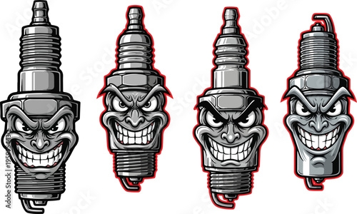 Aggressive spark plug mascot vector set, angry automotive engine part characters with evil grin, 4 custom garage racing illustrations