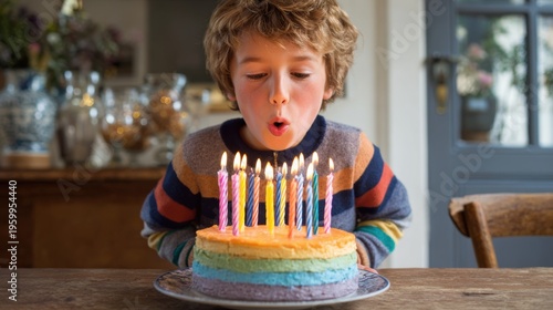 Wallpaper Mural Birthday celebration theme for party event. A young boy blowing out candles on a multicolored birthday cake placed on a plate on a table. The background is slightly blurred, revealing a door. Torontodigital.ca