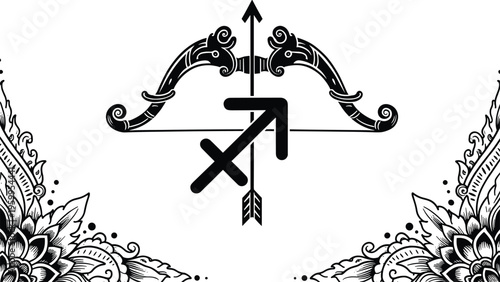 Sagittarius Zodiac Sign Symbol with Ornate Tribal Bow and Arrow Illustration, Minimalist Black and White Floral Astrology Vector Graphic Design Element