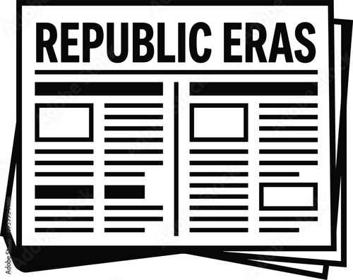 Newspaper silhouette with headline republic eras, print media concept, journalism and news publication design isolated on white background, information and communication symbol