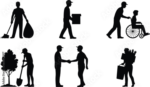 Human silhouettes showing daily life activities, cleaning, delivery, caregiving, gardening and handshake interaction, community support and service concept isolated on white background