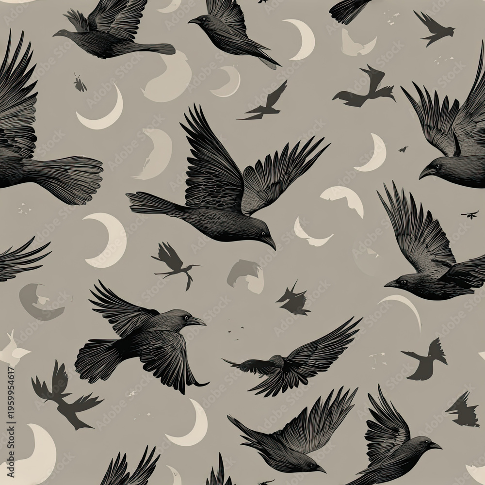 Obraz premium Seamless pattern featuring flying crows and crescent moons on muted background, creating mystical and enchanting. design intricate details and dynamic movement