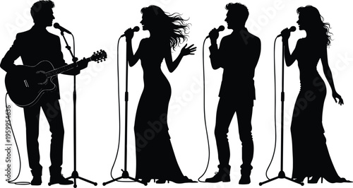 Singers and Musician Silhouette Set, Live Concert Performance, Man Playing Acoustic Guitar, Woman Singing on Stage, Musical Band, Entertainment Event, Jazz Vocals