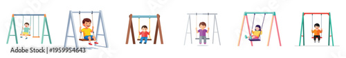 Cheerful children playing on outdoor playground swings, depicted in a vibrant collection of vector illustrations symbolizing childhood joy, recreation, and carefree fun