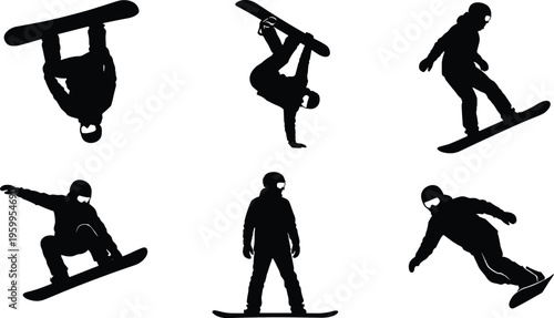 Snowboarder silhouette set, extreme winter sports vector icons, snowboarding jumps and tricks, mountain athlete figures, winter hobby adventure, alpine skiing.