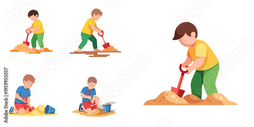 Vibrant collection of cheerful illustrations depicting young boys actively playing outdoors in the sand with shovels and buckets, engaging in various summer fun activities and imaginative playtime