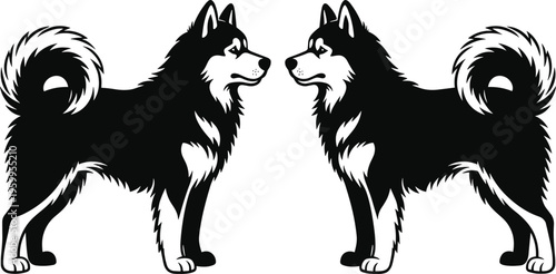 Two Siberian Husky Dogs Symmetrical Vector Illustration, Minimalist Black and White Alaskan Malamute Graphic, Mirror Image Pet Breed Design, Stencil