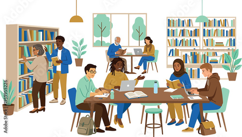 Illustration of diverse group of people studying and reading together in a library isolated on transparent background