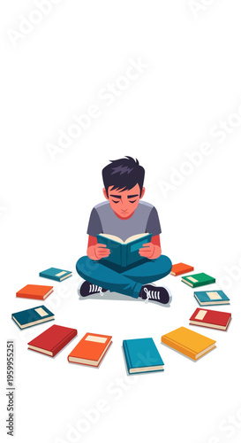 Wallpaper Mural Boy Sitting with Many Books. Torontodigital.ca