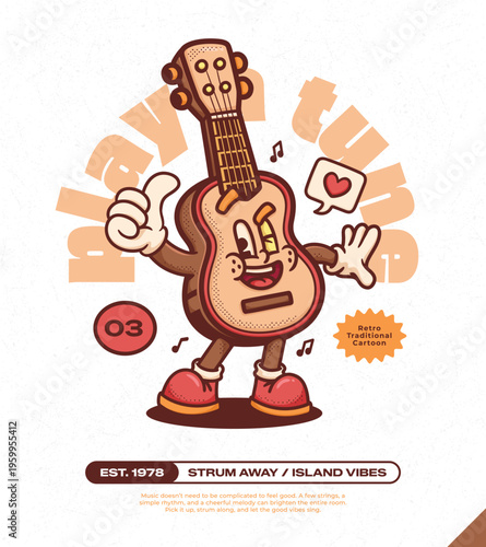 Ukulele Guitar Trendy Retro Cartoon Vector Hand Drawn  3