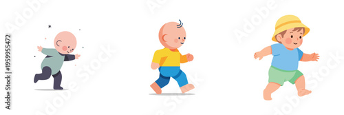 Three cheerful babies in animated cartoon style exploring the world with energetic strides and joyful expressions