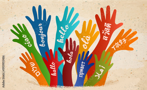Colorful hands with Hello in many languages symbolizing global diversity inclusion and equality