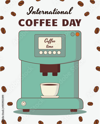 Coffee day card with coffee maker, coffee cup, retro style