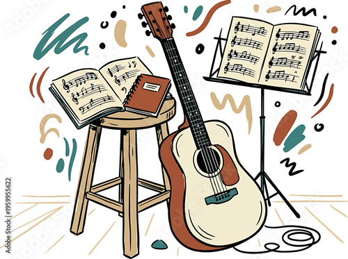 A guitar and music sheets isolated on transparent background with colorful notes