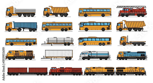 Large Vehicle Multiview Vector Set – Trucks, Buses, Trailers, Trains, Top Side Front Technical Collection