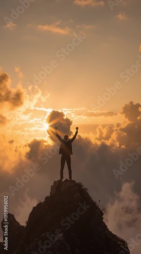 Successful Businessman On Mountain Peak At Sunset