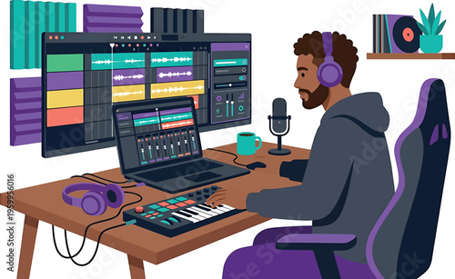 Music producer working on a computer with audio software isolated on transparent background