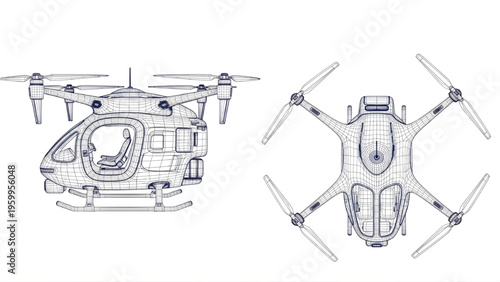 Drone Taxi CAD Technical Schematic Side and Top Views, Wireframe Perspective Futuristic Aerial Vehicle on White Background