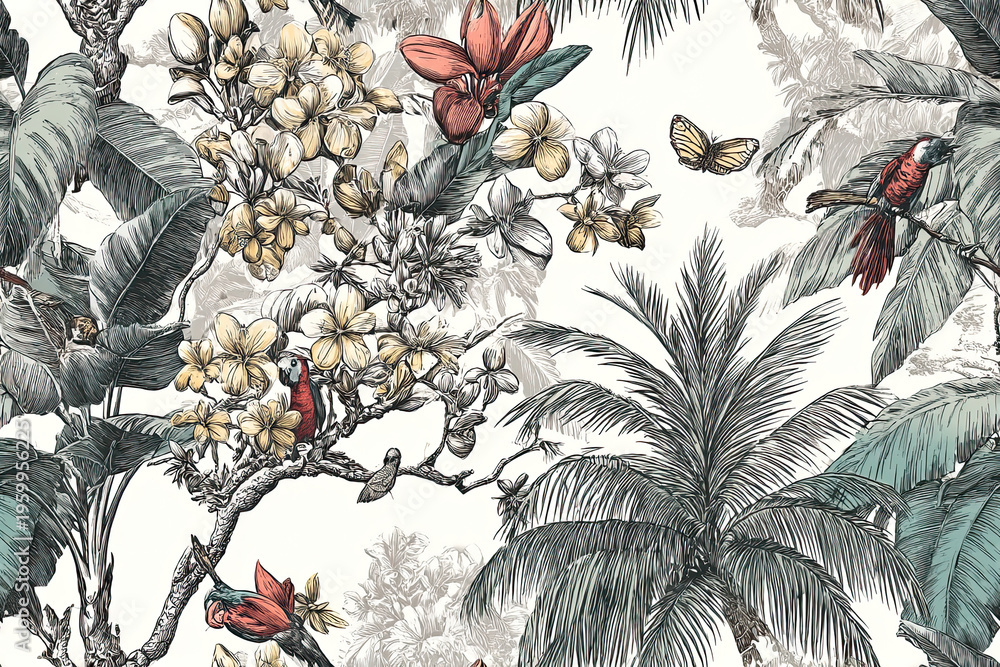 Obraz premium Tropical jungle illustration features vibrant flowers, lush palm leaves, and colorful birds, creating lively and exotic. This seamless pattern captures essence of nature beauty