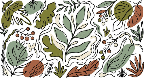 A colorful illustration of various leaves and plants isolated on transparent background