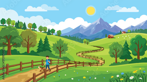 Flat vector summer landscape with mountains and green hills, man walking dog on rural path, sunny countryside nature scene for travel background
