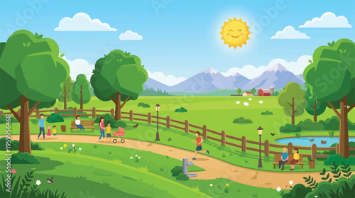 Sunny public park landscape vector illustration, people relaxing in green city garden with mountains, summer outdoor recreation and leisure scene