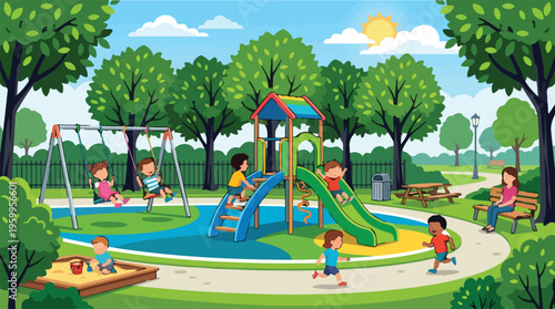 Colorful children playground vector illustration, happy kids playing on slide and swings in sunny city park, outdoor summer recreation background