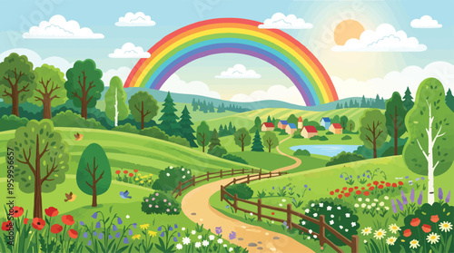 Vibrant summer landscape vector with colorful rainbow over green hills, idyllic countryside scenery with winding path, blooming flower meadows