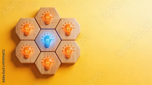 Wooden hexagonal tiles with light bulbs on yellow background  creative idea concept  innovation and inspiration